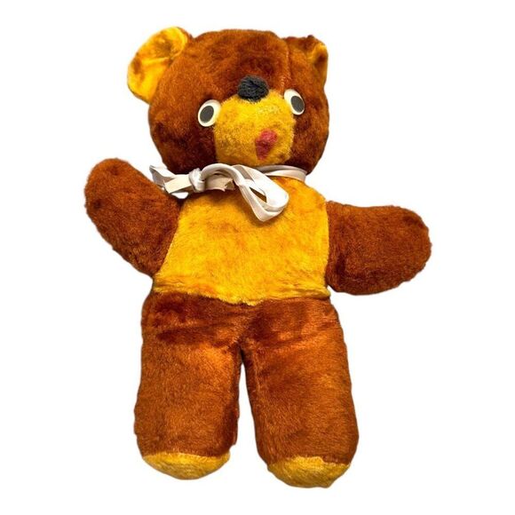 Vintage Unbranded Mohair Antique Brown & Yellow Plush Stuffed Bear Toy w/ Ribbon - Picture 4 of 7